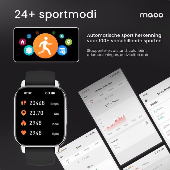 Maoo Amplify 2 Smartwatch Femme et Homme - Convient à Android et iOS - Bracelet en silicone et milanais - Compatible WhatsApp - Fonction Belf complète - Multisport - Moniteur de fréquence cardiaque et de pression artérielle - Moniteur de sommeil - Cadeau
