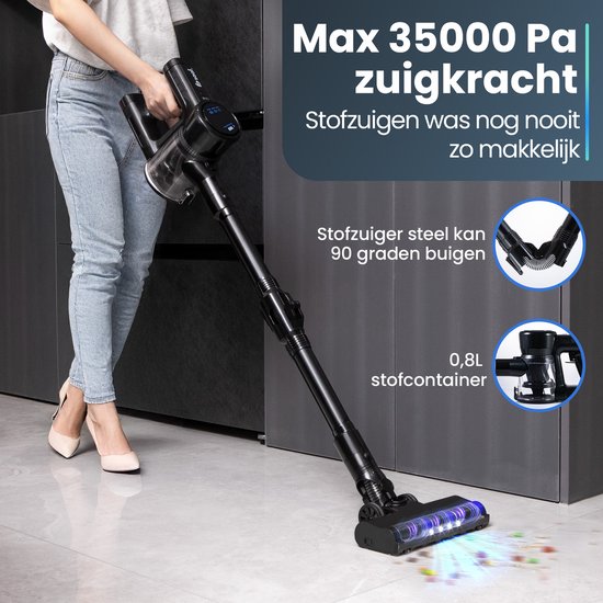 Aspirateur à manche G100M - 350W - Aspirateur à manche avec fonction serpillière - Aspirateur à manche sans fil - set de 9 pièces avec manche pliable - 35kPa - Aspirateur à poussière - Noir - Saaf