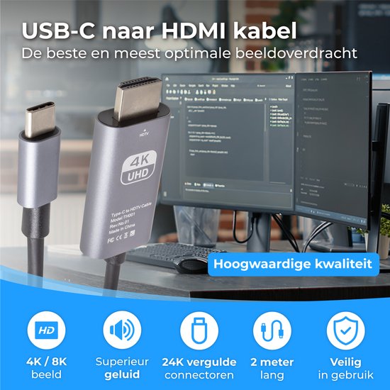 Nuvance - Câble USB C vers HDMI - 2 mètres - 4K Ultra HD - Convient aux téléphones, tablettes, ordinateurs portables, PC, caméscopes et moniteurs