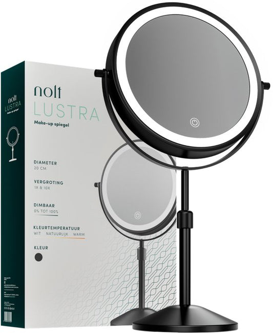 Nolt Miroir de maquillage avec éclairage LED - Miroir grossissant 1X/10X - Miroir de rasage - Lampe de chevet - 3 modes d'éclairage - Rechargeable - Noir