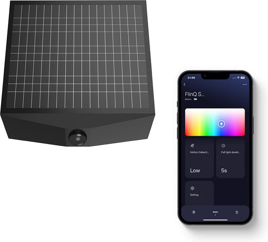 FlinQ Orion - Applique solaire intelligente - Applique solaire de jardin - Énergie solaire - Lumière blanche et colorée - Détecteur de mouvement - Alexa & Google Assistant - Noir