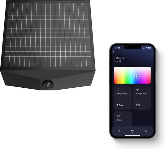 FlinQ Orion - Applique solaire intelligente - Applique solaire de jardin - Énergie solaire - Lumière blanche et colorée - Détecteur de mouvement - Alexa & Google Assistant - Noir