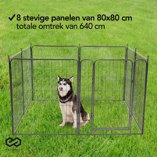 Infinity Goods Dog Run - Parc à chiots - 8 panneaux - 80 x 80 CM - 640 CM de circonférence - pliable - avec porte - acier - noir