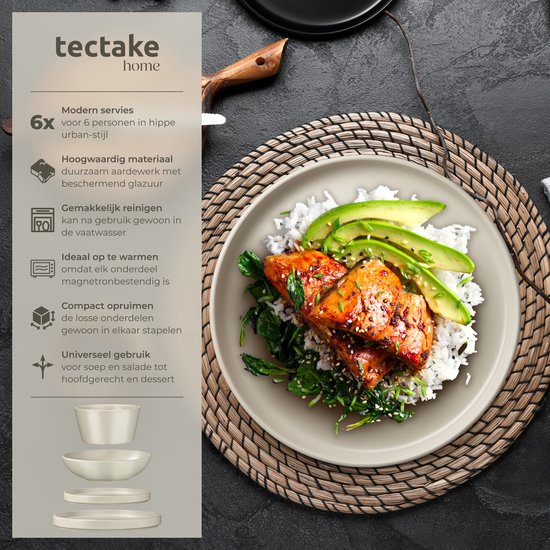 tectake® Service de vaisselle Una - 24 pièces - Faïence - 6 personnes - Service de vaisselle élégant et durable - Ensemble d'assiettes avec grandes et petites assiettes, bols, coupes - Taupe