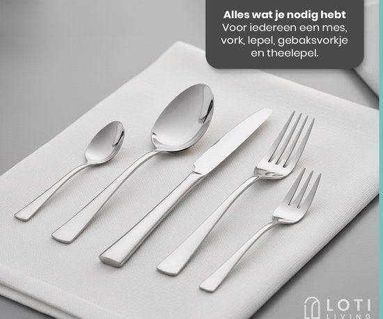 Loti Living Set de couverts 30 pièces - 6 personnes - Set de couverts 6 personnes - Cuillères, couteaux, fourchettes, fourchettes à gâteau - Couverts lavables au lave-vaisselle - Acier inoxydable de haute qualité - acier inoxydable