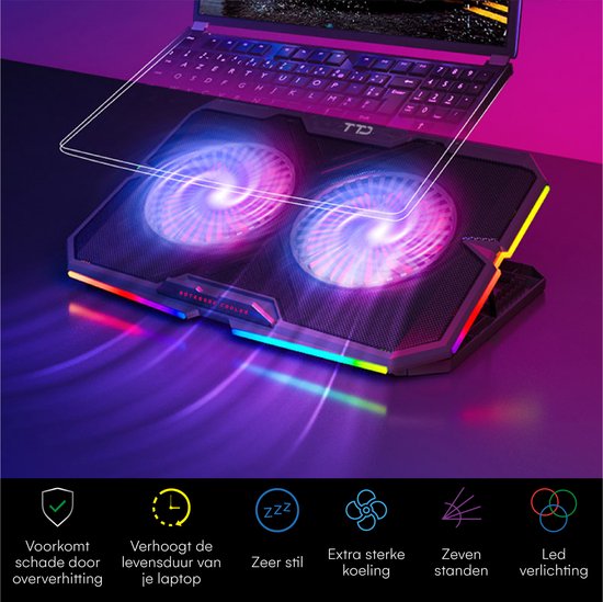 TTD® Premium Laptop Cooler and Adjustable Laptop Raiser - Support pour ordinateur portable réglable - Vitesse de rotation jusqu'à plus de 2400 RPM - Cooling Pad pour ordinateur portable de jeu - Jusqu'à 17 pouces - Port USB supplémentaire - Noir