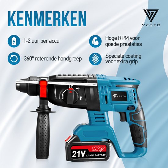 Vesto® Marteau perforateur électrique - Perceuse à percussion sans fil - Marteau perforateur avec fonction burin - Marteau combiné sans fil - Perceuse à béton - Comprend un jeu de perceuses, 2 batteries et un chargeur