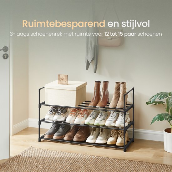 O'DADDY® Shoe Rack 3 Layers - Rack à chaussures - Système de rangement de chaussures - Armoire à chaussures - Rack à chaussures - Armoire à chaussures - Rack de rangement pour 12 à 15 paires de chaussures - Métal noir