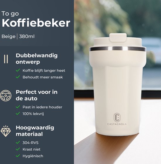 Mug thermos Castagnola - Tasse à café à emporter - Mug de voyage pour le café et le thé - Mug à thé - 380 ML - Acier inoxydable - Blanc cassé - Octogone