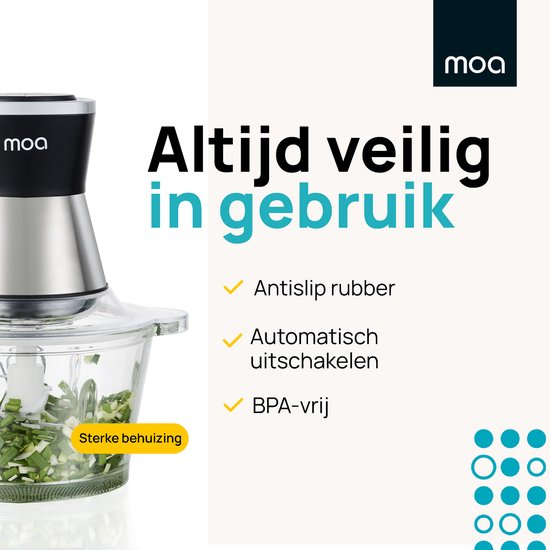 MOA Chopper Electrique - Hachoir Alimentaire XL - 350 W - Bol en verre 2L - 4 Couteaux - acier inoxydable