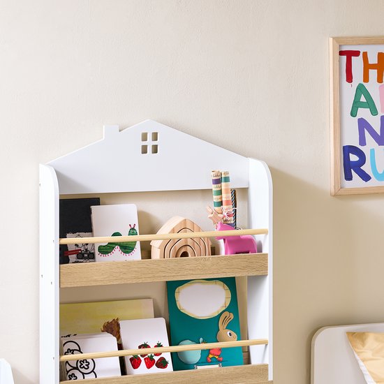 SoBuy KMB121-WN Bibliothèque pour enfants, 4 niveaux, meubles, jouets, bibliothèque, meuble de rangement, étagère, chambre, blanc/naturel, 60 x 15 x 130,5 cm