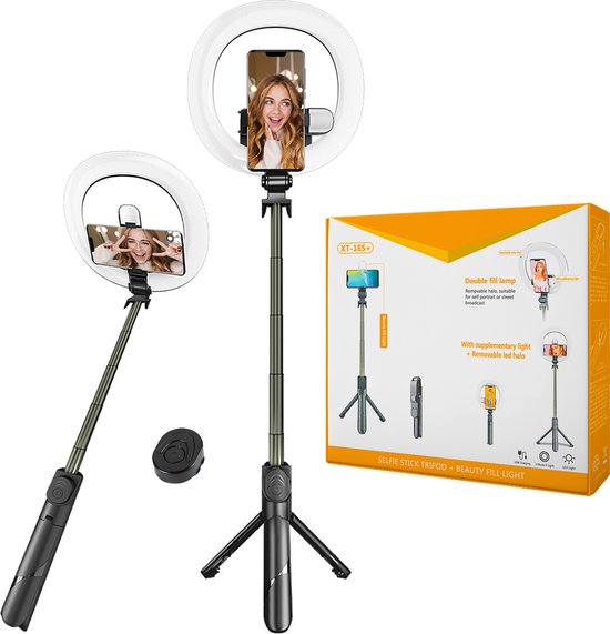 Bâton de selfie 3 en 1 - Lampe annulaire pour selfie avec trépied Smartphone - Bâton de selfie avec trépied - Lampe annulaire avec télécommande - 9 modes d'éclairage - Lampe annulaire avec trépied