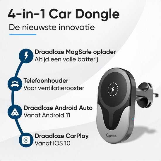 CarMe 4-in-1 CarPlay Dongle - Avec chargeur sans fil - Wireless CarPlay & Android Auto - Android Auto Dongle - MagSafe Car Holder - Noir