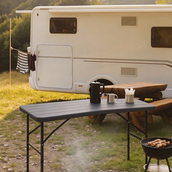 LifeGoods Table pliante - 180x74 cm - Table pliante robuste - Résiste aux intempéries - Table de salle à manger pliante - Table de camping - Table pliante pour l'intérieur et l'extérieur - Aspect grain de bois noir