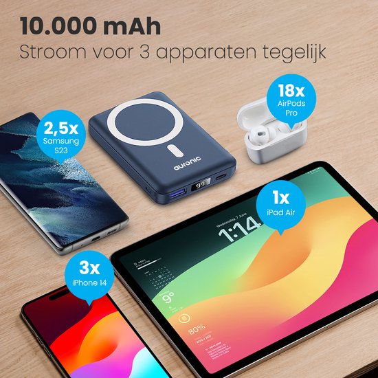 Auronic Powerbank - 10000 mAh - Convient à l'iPhone 12/13/14/15 et MagSafe - 22.5W - Chargement sans fil - Bleu