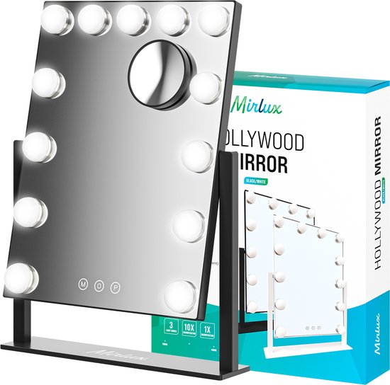 Mirlux Make Up Hollywood Mirror with Lighting (44x30cm) Vision - Dimmable LED Bulb Light - 13 Lamps - Black