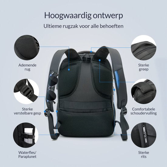 NOHRD Laptop Backpack - Black - Anti Theft - Laptop Bag 15.6 inch - USB Charging Station - Backpack Ladies & Men - Water Repellent - Schoolbag Girl & Boys - Bookbag with Laptop compartment