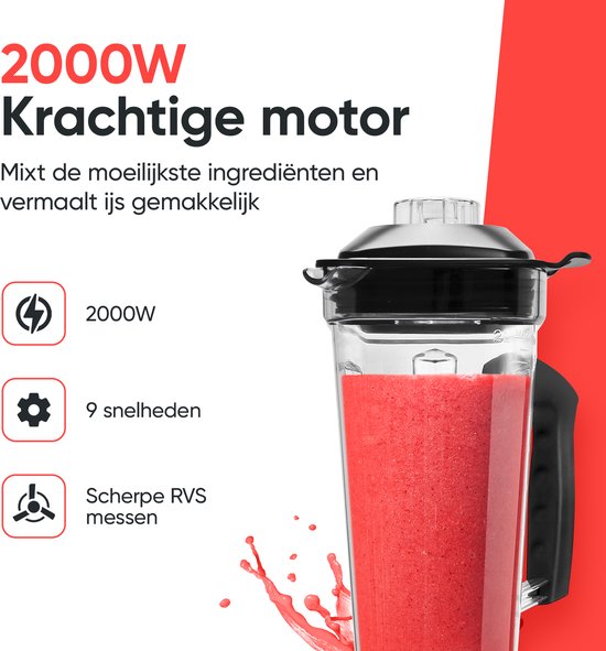 Kitchenwell Power Blender - 2000W - 2L - Smoothie Maker - Ice Crusher - 9 Stands - inox/noir