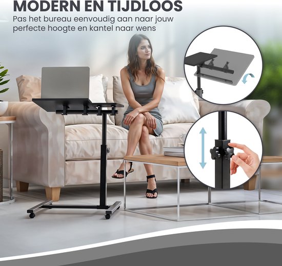 TTD® Premium Side Table on Wheels with Brake - Laptop Table Adjustable - Ergonomic Bed Table on Wheels - 23 kg Carrying Capacity - Laptop Stand - Adjustable Angle and Height - Black - Right