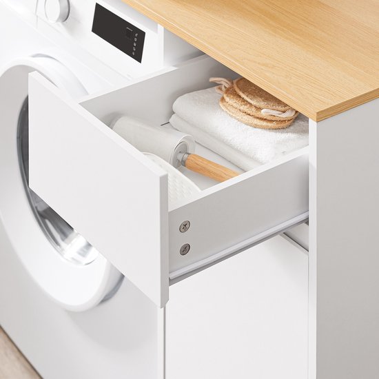 SoBuy Armoire pour lave-linge - armoire de salle de bain avec panier à linge et tiroir, pour lave-linge et sèche-linge, armoire pour lave-linge en bois, blanc, 100 x 60 x 90 cm, BZR217-WN