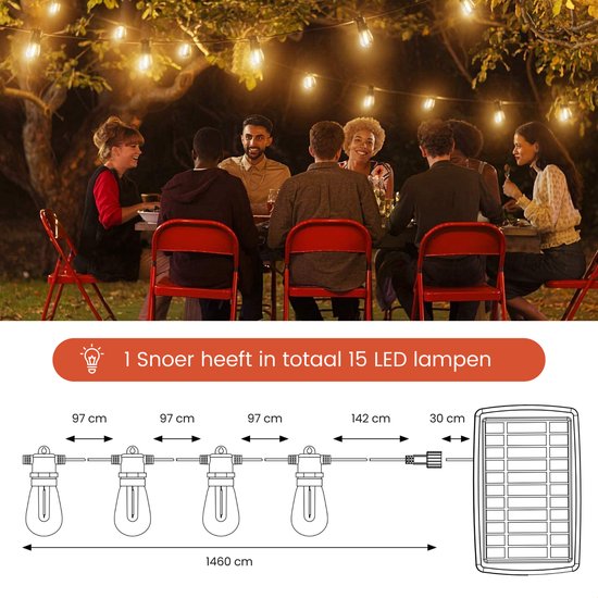 Partizzle 15m de guirlande lumineuse solaire imperméable - Dimmable - LED Lumière solaire de jardin - Guirlande lumineuse de camping - Guirlande lumineuse solaire pour l'extérieur - 2700K / Blanc chaud