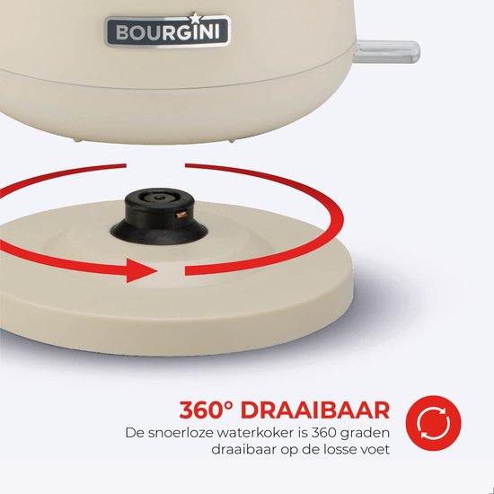 Bourgini Harmony - Bouilloire - acier inoxydable - Crème avec éléments en hêtre véritable - 1.7L - Light design