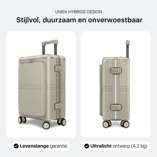 ONYX Hybrid Pro Hand Luggage Suitcase with Front Pocket 38 Litres - Recycled Polycarbonate and Zipperless Design - Travel Suitcase with TSA Lock and Spinner Wheels - Lightweight Trolley with Laptop Compartment - Ivory White