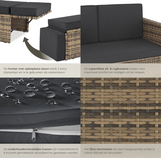tectake® Canapé de salon en osier - Avec ottoman - Pour 2 personnes - Canapé de salon avec coussins d'assise et de dossier - Résistant aux intempéries - Idéal pour terrasse, jardin d'hiver et balcon - Dimensions canapé (LxLxH) 119 x 64,5 x 71,5 cm - Natur