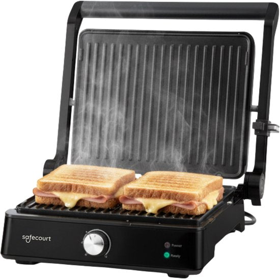 Safecourt Kitchen - Grille à panini et fer à sandwich grillé - Plaques amovibles sans PFAS et lavables au lave-vaisselle - Grande surface de gril - Chaleur rapide - Gril à contact - Noir