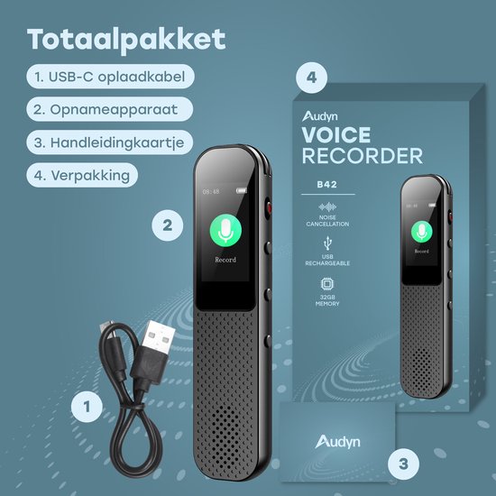 Audyn Voice Recorder Digital - 400 heures d'enregistrement audio - écoute à distance - dictaphone - enregistrements HD 360° - noir