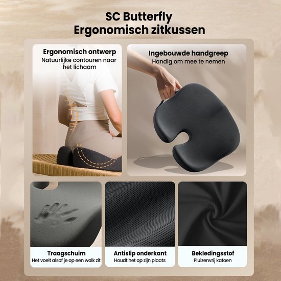 ProtoArc® SC Butterfly Seat Cushion - Coussin de siège orthopédique ergonomique - Coussin de chaise et coussin de rebond - Coussin coussin en mousse à mémoire de forme - Pour chaise de bureau, voiture et maison - Respirant et antidérapant