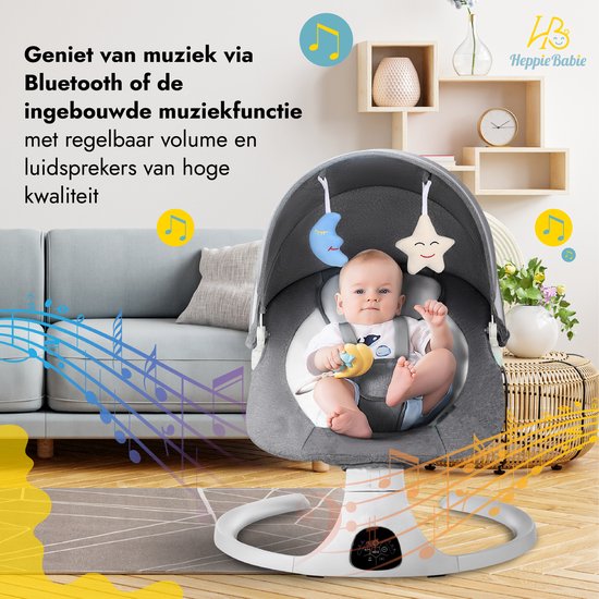 HeppieBabie Balançoire électrique - Options de musique et de balancement - Ceinture de sécurité à 5 points - Balançoire pour bébé - Balançoire pour bébé - Avec Ebook