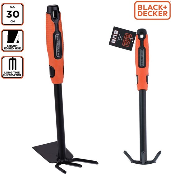 BLACK+DECKER Double Hoe - 3 Pins et Hoe - 30 CM - Poignée ergonomique - Noir/Orange