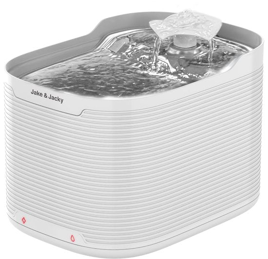 Jake & Jacky Abreuvoir inox sans fil pour chat et chien - Avec capteur et pile - Fontaine à eau pour chat - Abreuvoir pour chat - Bol à eau - Silencieux - Filtre inclus - 2.5L - Blanc