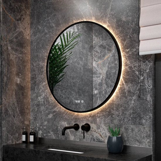 Mirlux Miroir de salle de bain - Eclairage et chauffage LED - Anti condensation - Miroir mural rond - Noir mat - 80CM