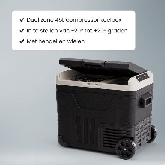 Auronic Electric Cool Box - Compresseur - 2 Zones - 45L - 12/24V et 240V - Réfrigération et congélation - Réfrigérateur de camping - Frigobox Auto - Avec roues et poignée - Noir