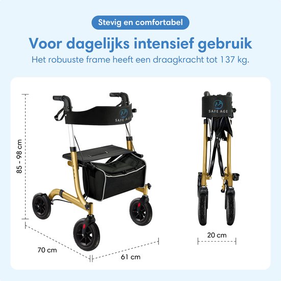 Safe Life® Rollator léger et pliable - fonction assise - intérieur et extérieur - dossier et support pour canne - Or