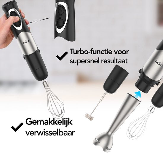 Aviro 6-in-1 Hand Blender Set - 1000W - 20 Speeds - Chopper, Milk Frother, Whisk & Measuring Cup - stainless steel