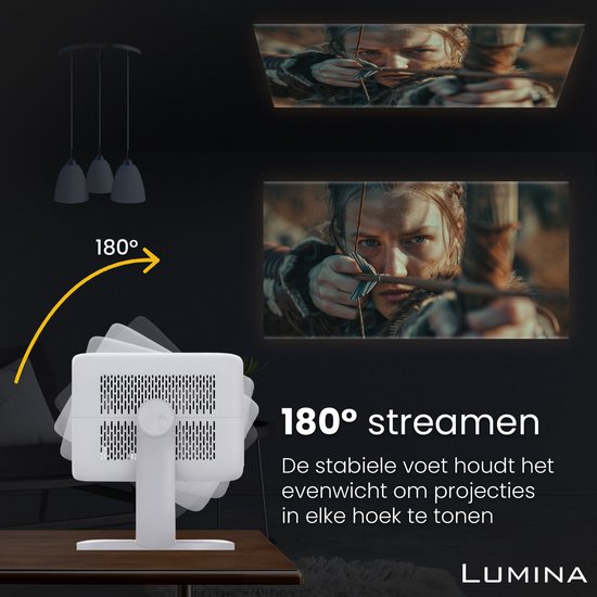 Lumina® Stellar Beamer 2025 - 4K Ultra HD - Écran et redressement automatique - Projecteur Smart TV tout-en-un - Pour iOS et Android - Blanc