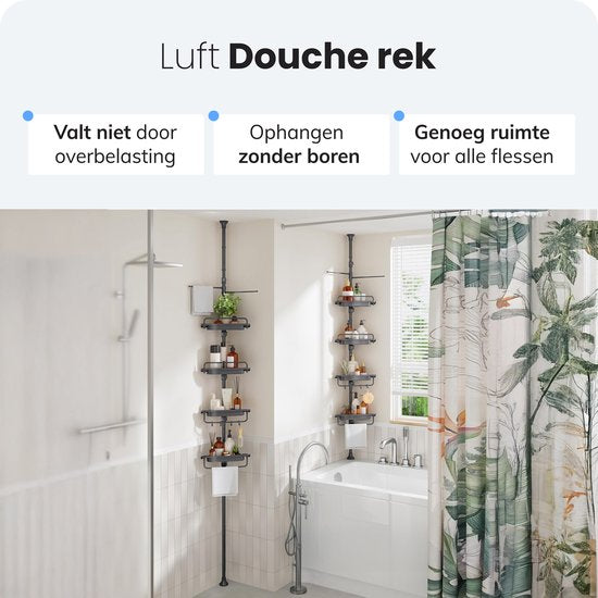Support de douche Air Corner - Télescopique sans perçage - 4 couches - Accessoires de salle de bain - Suspension - Douche - Supports - Supports - Bain - Panier - Etagère - Suspension - Suspendable - Ventouse - Autocollant - Noir