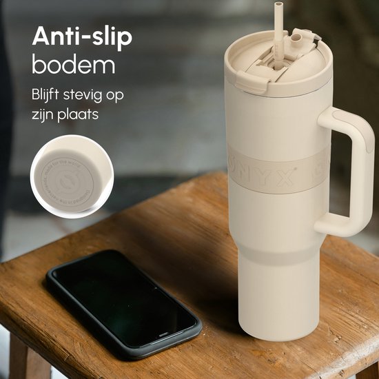 ONYX Bouteille à boire avec paille 1,2 litre - Bouteille d'eau pour enfants et adultes - Tasse thermos - Tasse de voyage - Boire pour la motivation - Tasse à boire pour l'école - Beige