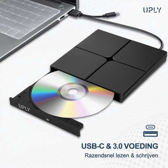 UPLY Lecteur DVD externe - Windows et Mac - USB C et USB 3.0 - Lecteur DVD externe pour ordinateur portable - Lecteur et graveur DVD externe - CD