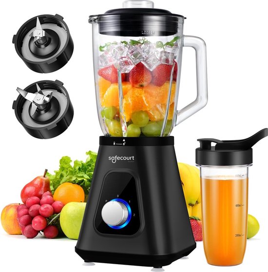 Safecourt Kitchen Blender - Blender puissant de 1200 watts avec gobelet To-Go - 3 supports - Noir