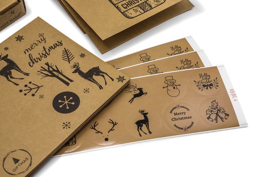 Giftmas - Cartes de Noël - Cartes de voeux - 36 pièces - Avec enveloppes et autocollants - 10x15cm - Marron