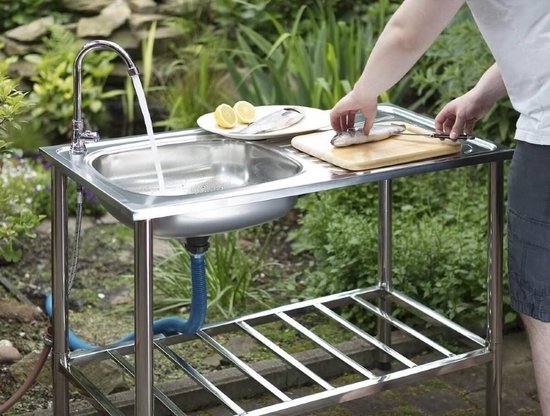 Camping/Extérieur Table en inox avec évier et robinet 100x77x50cm