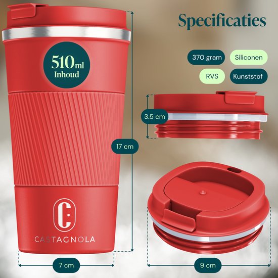 Tasse thermos Castagnola - Tasse à café à emporter - Tasse de voyage pour café et thé - Tasse à thé - 510 ML - acier inoxydable - Rouge