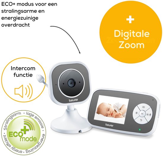 Beurer BY 110 Baby Monitor vidéo - Unité parentale/écran XL et caméra - Connexion numérique sans fil - Portée jusqu'à 300 mètres - Vision nocturne - Zoom numérique - Interphone - Chansons - Alarmes diverses - Minuterie - Eco+ - Garantie 3 ans