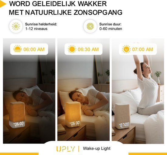 UPLY Lumière d'éveil - Avec prise de charge USB - Avec 30 sons - Réveil avec lumière - Bruit blanc - Réveil numérique