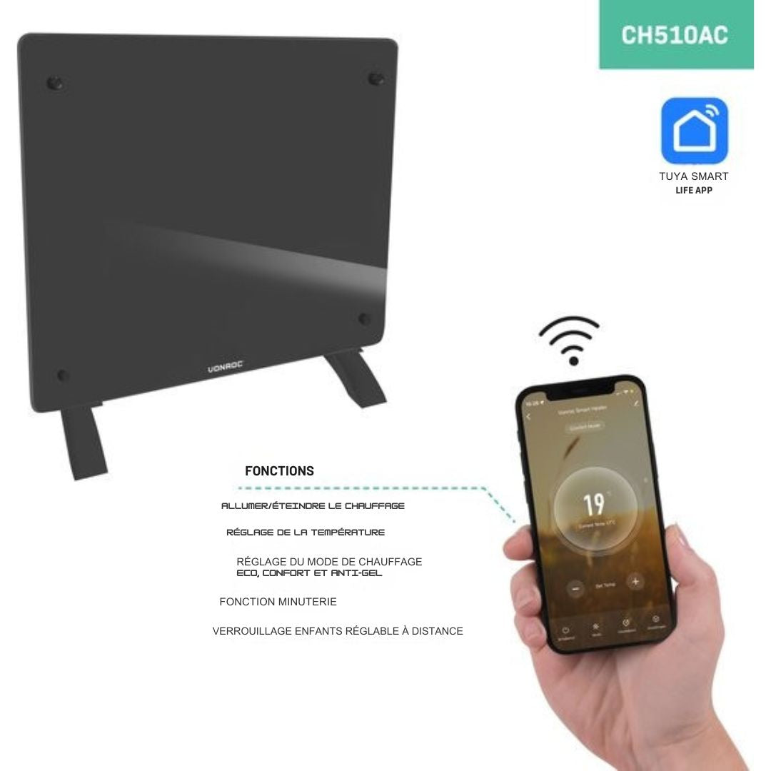 Chauffage électrique de luxe VONROC - Convecteur avec panneau en verre - 500W/1000W - Chauffe les pièces jusqu'à 12m2 - Contrôlé par l'application (via Wifi) et manuellement - Thermostat et minuterie réglables - Gris