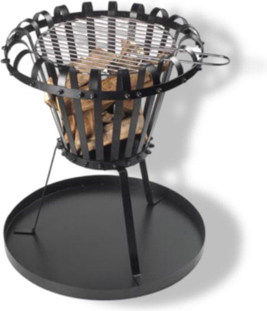 Panier à feu Perel, avec grille chromée, plaque de fond, rond, 53,5 x Ø 50 cm, métal revêtu, noir